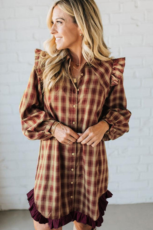 Plaid Ruffle Shoulder Contrast Flounce Hem Shirt Mini Dress