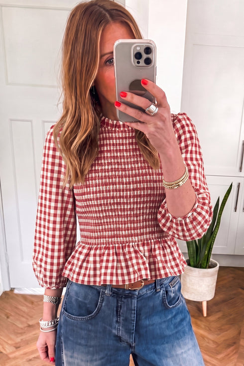 Plaid Shirred Three Quarter Sleeve Peplum Blouse