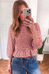 Plaid Shirred Three Quarter Sleeve Peplum Blouse