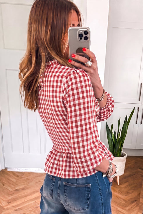 Plaid Shirred Three Quarter Sleeve Peplum Blouse