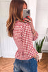 Plaid Shirred Three Quarter Sleeve Peplum Blouse