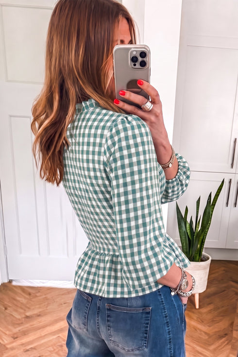 Plaid Shirred Three Quarter Sleeve Peplum Blouse