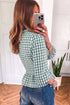 Plaid Shirred Three Quarter Sleeve Peplum Blouse