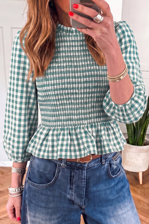 Plaid Shirred Three Quarter Sleeve Peplum Blouse