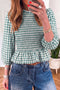 Plaid Shirred Three Quarter Sleeve Peplum Blouse