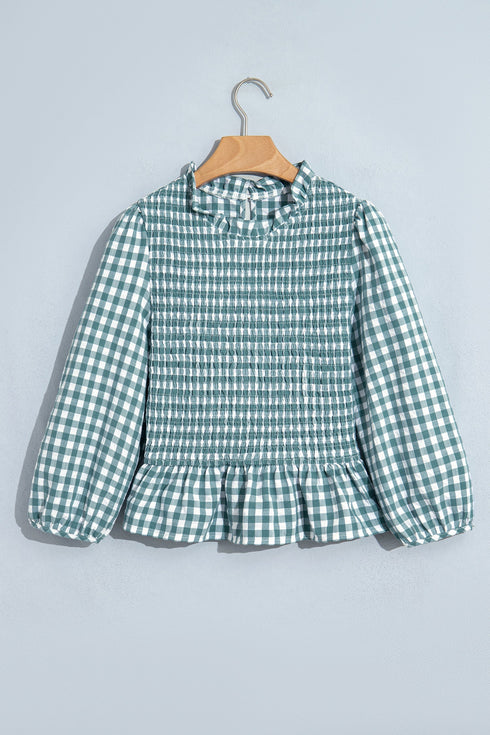 Plaid Shirred Three Quarter Sleeve Peplum Blouse