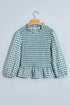 Plaid Shirred Three Quarter Sleeve Peplum Blouse