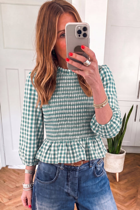 Plaid Shirred Three Quarter Sleeve Peplum Blouse