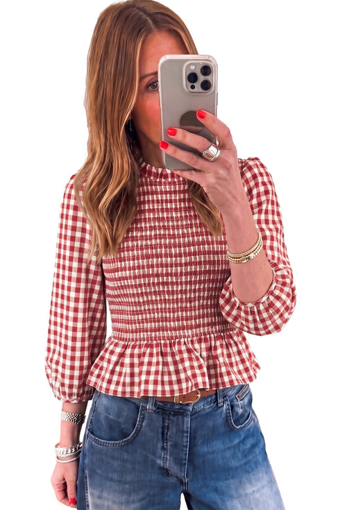 Plaid Shirred Three Quarter Sleeve Peplum Blouse