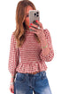 Plaid Shirred Three Quarter Sleeve Peplum Blouse