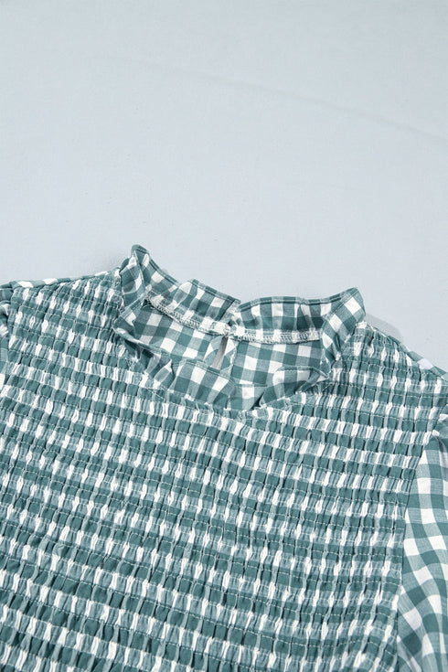 Plaid Shirred Three Quarter Sleeve Peplum Blouse