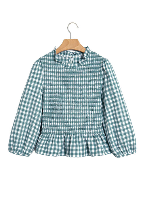 Plaid Shirred Three Quarter Sleeve Peplum Blouse