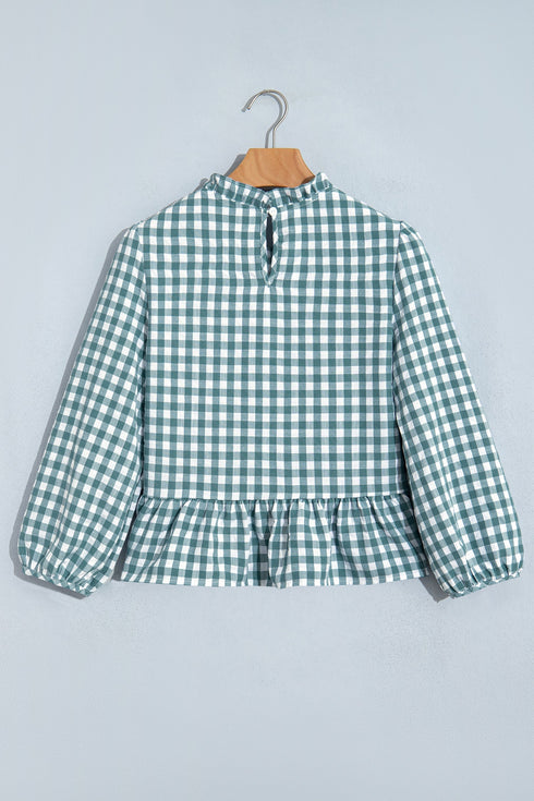 Plaid Shirred Three Quarter Sleeve Peplum Blouse