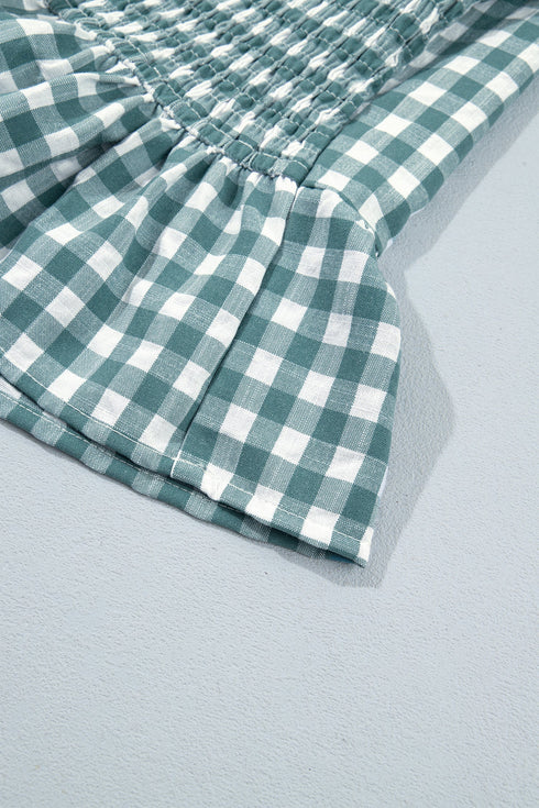 Plaid Shirred Three Quarter Sleeve Peplum Blouse