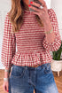 Plaid Shirred Three Quarter Sleeve Peplum Blouse