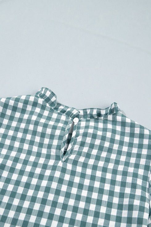 Plaid Shirred Three Quarter Sleeve Peplum Blouse