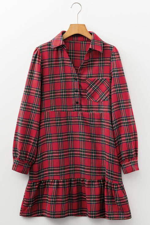 Plaid Shirt Collar Half Button Chest Pocket Ruffle Hem A Line Mini Dress