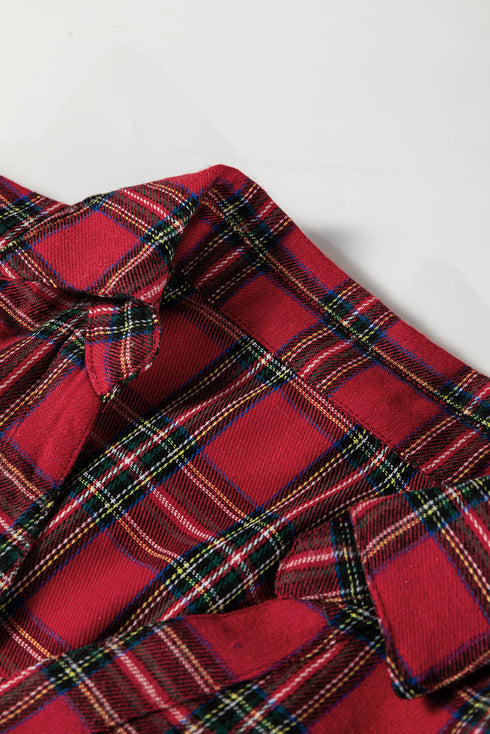 Plaid Shirt Collar Half Button Chest Pocket Ruffle Hem A Line Mini Dress