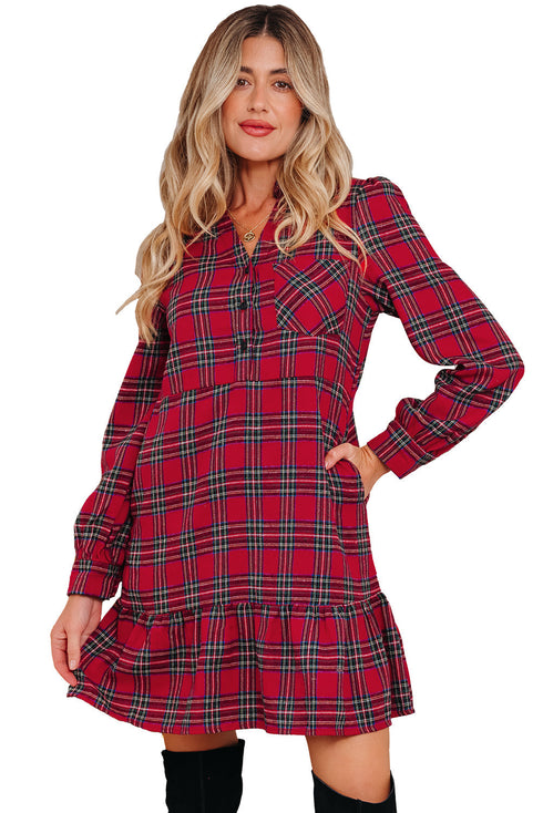 Plaid Shirt Collar Ruffle Hem Long Sleeve Mini Dress
