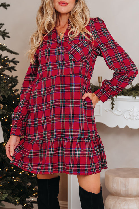 Plaid Shirt Collar Ruffle Hem Long Sleeve Mini Dress