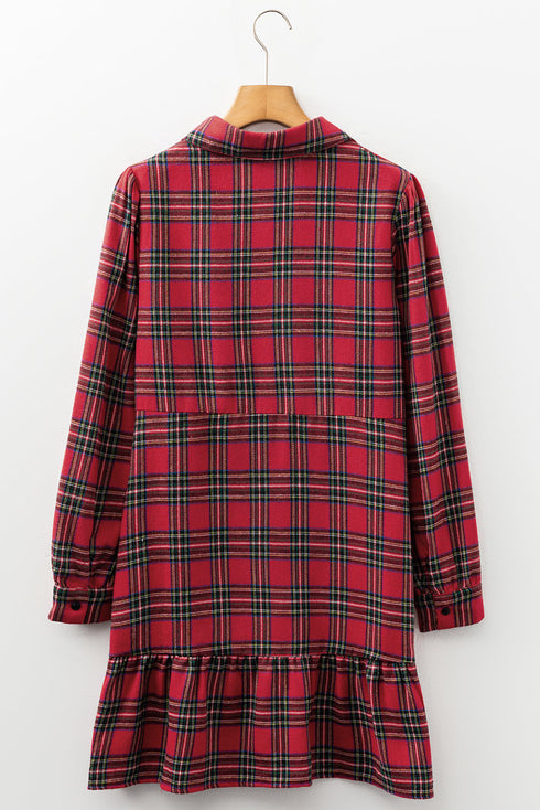 Plaid Shirt Collar Ruffle Hem Long Sleeve Mini Dress