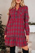 Plaid Shirt Collar Ruffle Hem Long Sleeve Mini Dress