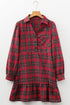 Plaid Shirt Collar Ruffle Hem Long Sleeve Mini Dress