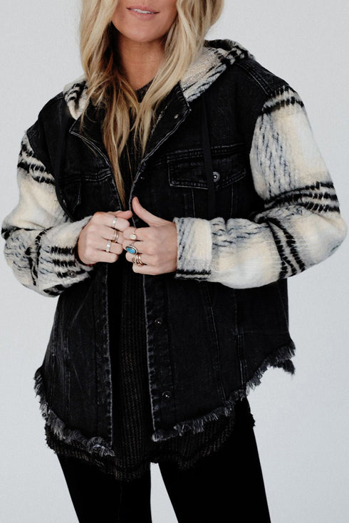 Plaid Sleeve Patchwork Frayed Hem Hooded Denim Jacket