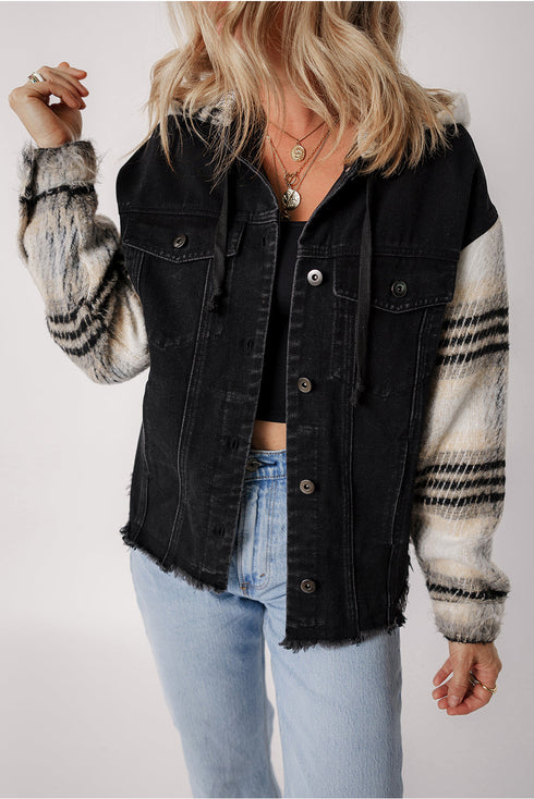 Plaid Sleeve Patchwork Frayed Hem Hooded Denim Jacket