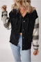 Plaid Sleeve Patchwork Frayed Hem Hooded Denim Jacket