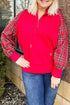 Plaid Sleeve Zip Up Shift Ribbed Hem Hoodie