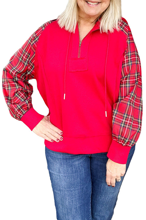 Plaid Sleeve Zip Up Shift Ribbed Hem Hoodie