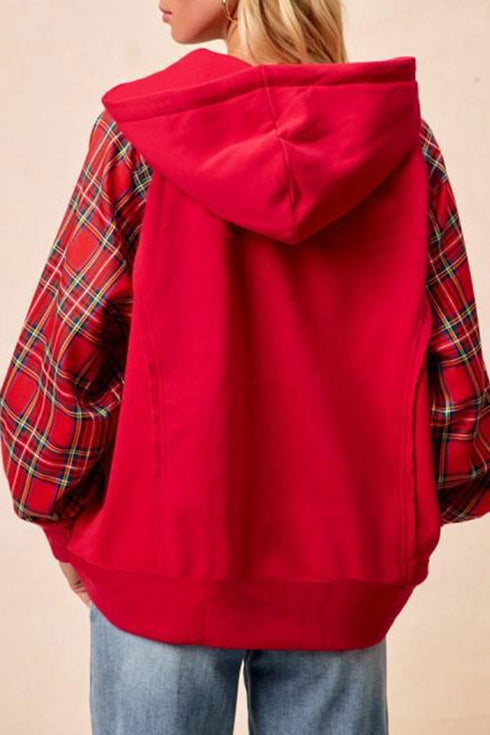 Plaid Sleeve Zip Up Shift Ribbed Hem Hoodie