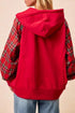 Plaid Sleeve Zip Up Shift Ribbed Hem Hoodie