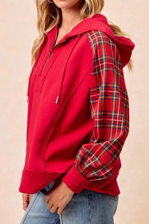 Plaid Sleeve Zip Up Shift Ribbed Hem Hoodie