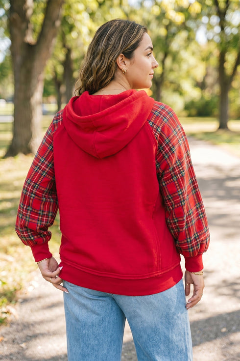 Plaid Sleeve Zip Up Shift Ribbed Hem Hoodie