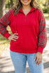 Plaid Sleeve Zip Up Shift Ribbed Hem Hoodie