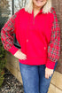 Plaid Sleeve Zip Up Shift Ribbed Hem Hoodie