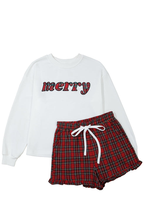 Plaid Slogan Embroidery Pocket Long Sleeve Lounge Set