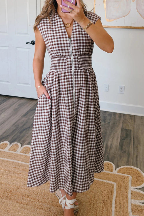 Plaid Smocked Full Zipper A Line Sleeveless Maxi Dress