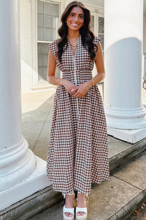 Plaid Smocked Full Zipper A Line Sleeveless Maxi Dress