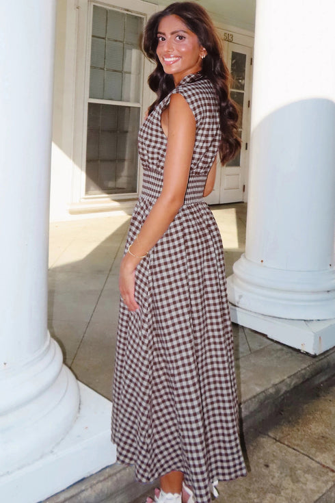 Plaid Smocked Full Zipper A Line Sleeveless Maxi Dress