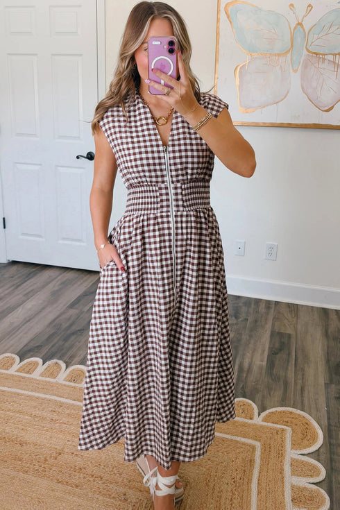 Plaid Smocked Full Zipper A Line Sleeveless Maxi Dress