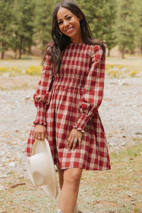 Plaid Smocked Puff Sleeve A Line Mini Dress