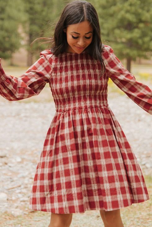 Plaid Smocked Puff Sleeve A Line Mini Dress