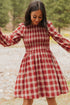 Plaid Smocked Puff Sleeve A Line Mini Dress