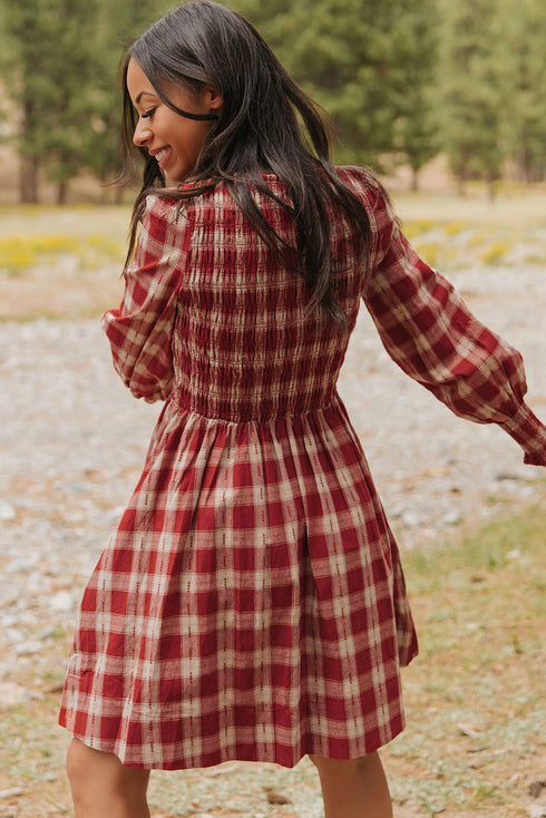 Plaid Smocked Puff Sleeve A Line Mini Dress