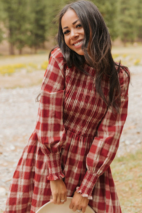 Plaid Smocked Puff Sleeve A Line Mini Dress