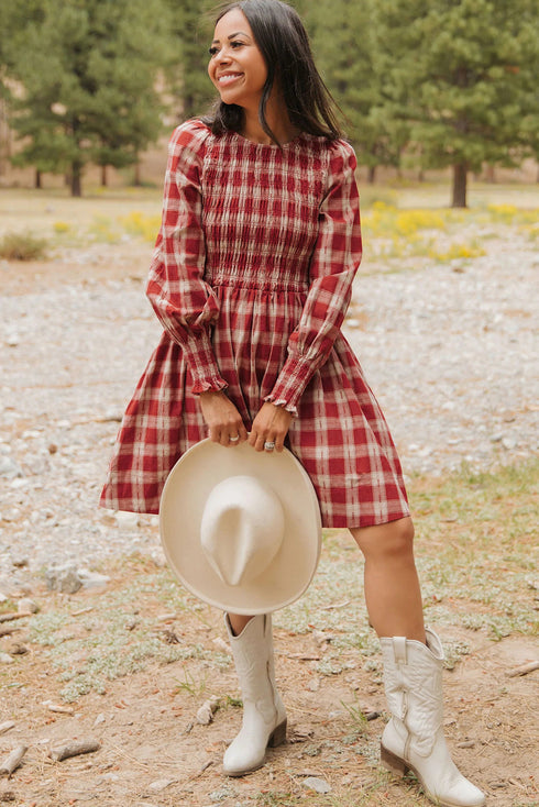 Plaid Smocked Puff Sleeve A Line Mini Dress