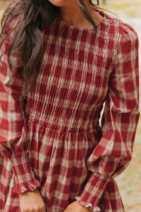 Plaid Smocked Puff Sleeve A Line Mini Dress